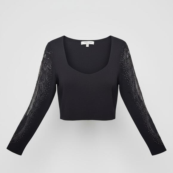 Sweet Rain Black Embellished Knit Crop Top W/ Lace Sleeves Size Medium - Picture 2 of 13